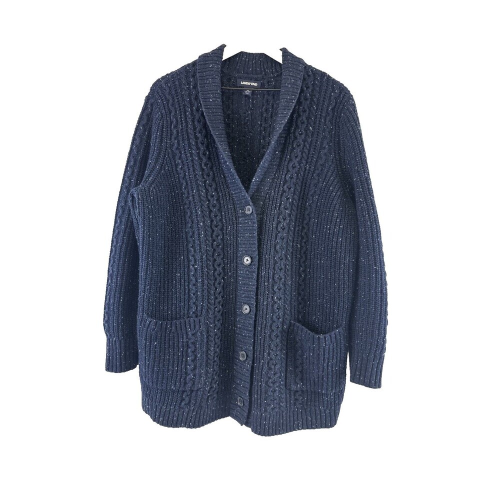 Lands End Shawl Collar Sweater Cardigan Blue Button Pockets Cableknit Womens 1X